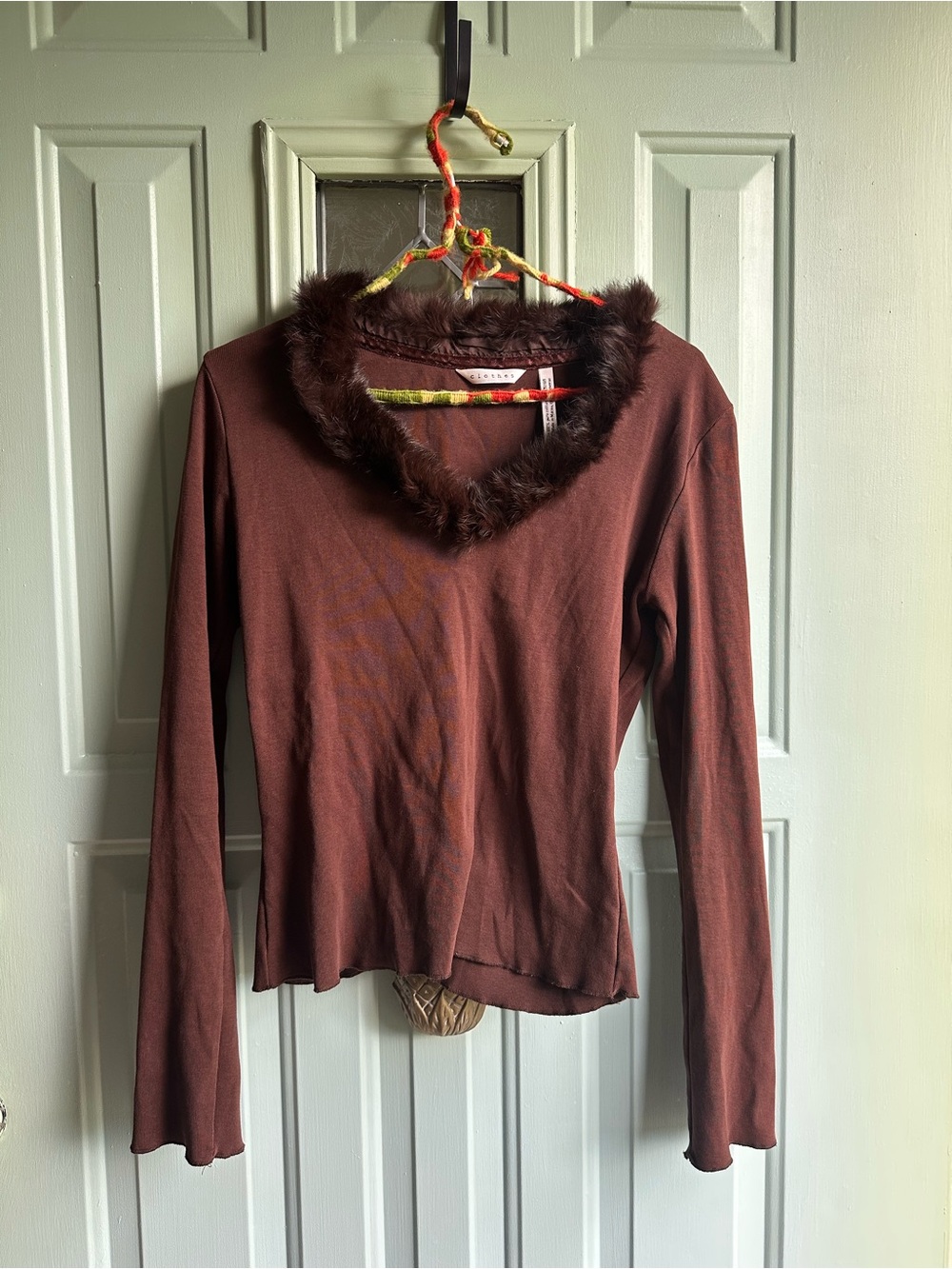 Brown Long Sleeve Top with Faux Fur Trim